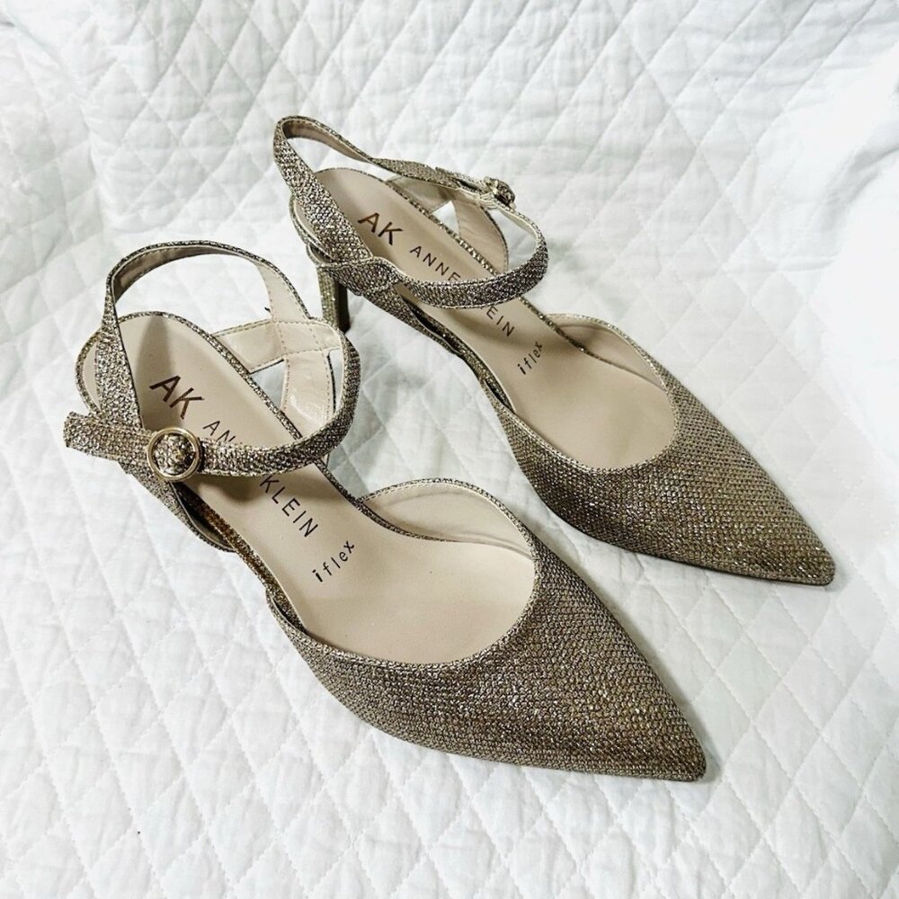 Anne Klein Glitter Ankle Strap Stiletto Pump Gold Pointed Toe Synthetic